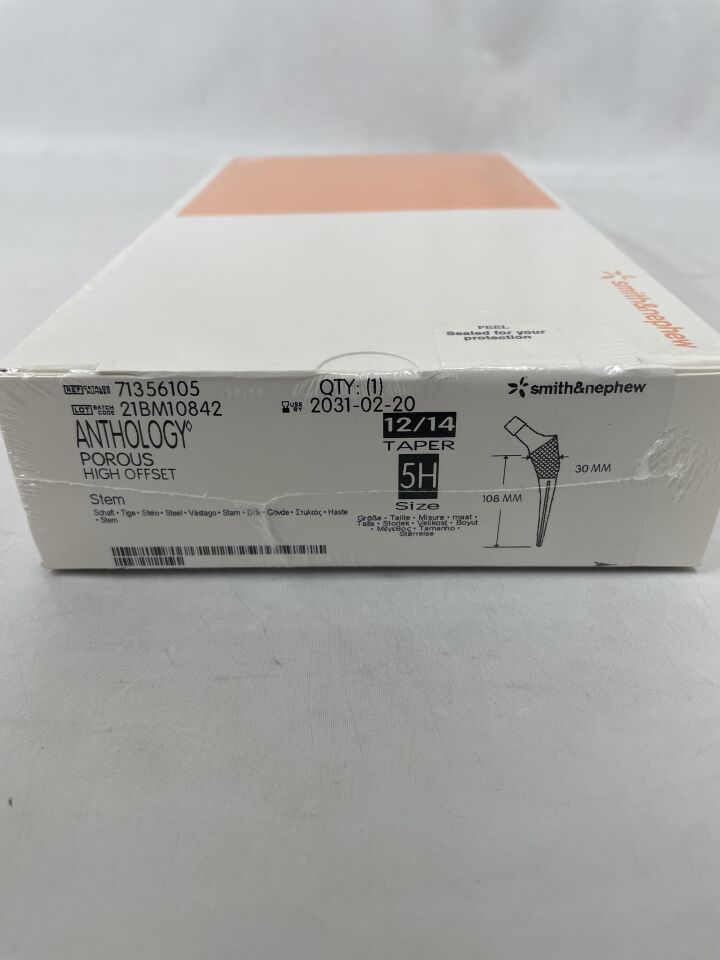 71356105 - SMITH &amp; NEPHEW - ANTHOLOGY Porus Plus Ha Tallo de alto desplazamiento, cono 12/14, 5H, 108 mm x 30 mm, (Caja/1) - (Fecha de caducidad: 20/02/2031)