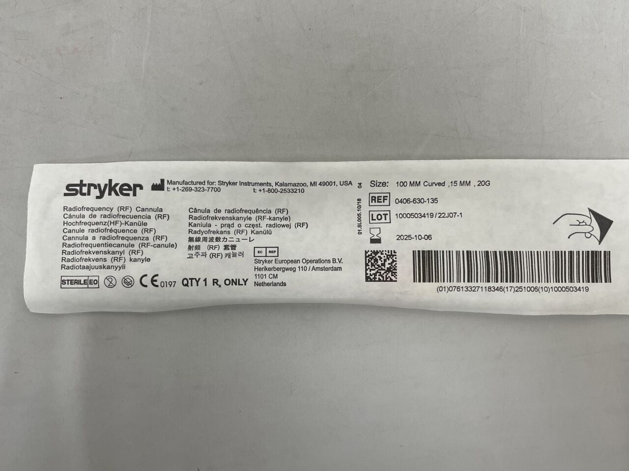 0406-630-135  -  STRYKER  -  rf cannula, hf-surgery 20g x 100mm, 15mm tip, curved , ( EA )  -  ( Expiry Date : 2025-10-06 )
