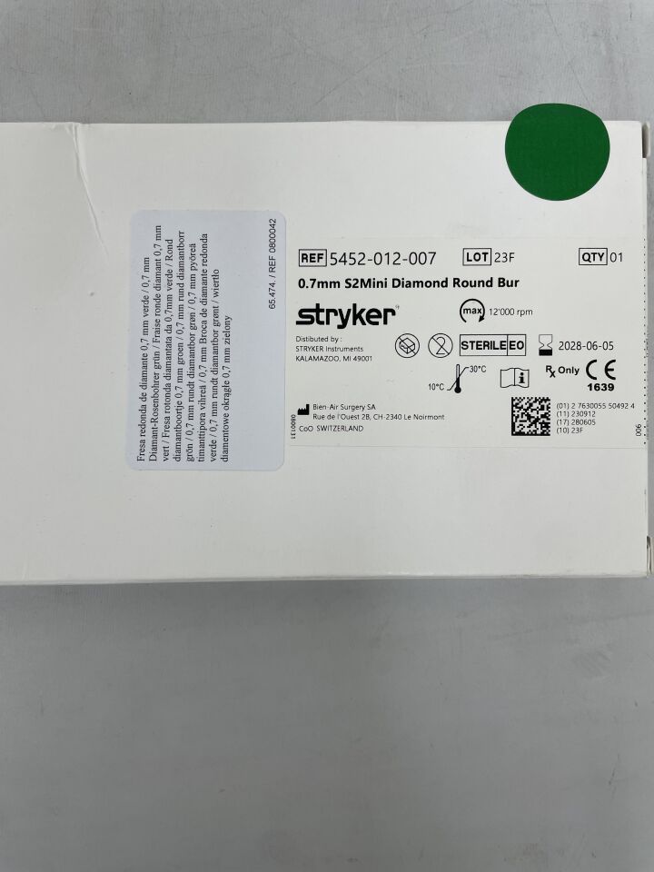 5452-012-007  -  STRYKER  -  s2 mini diamond round bur 1mm x 0.7mm , ( BX/1 )  -  ( Expiry Date : 2028-06-05 )