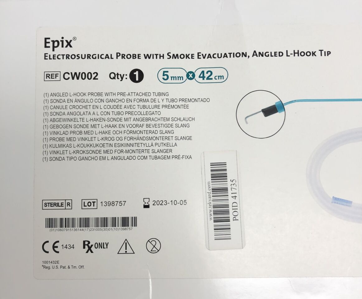 CW002 - APPLIED MEDICAL - Epix Electrosurgical Probe with Smoke Evacuation, Angled L-Hook Tip, 5mm X 42cm, () - ( Expiry Date: 2023-10-05 )