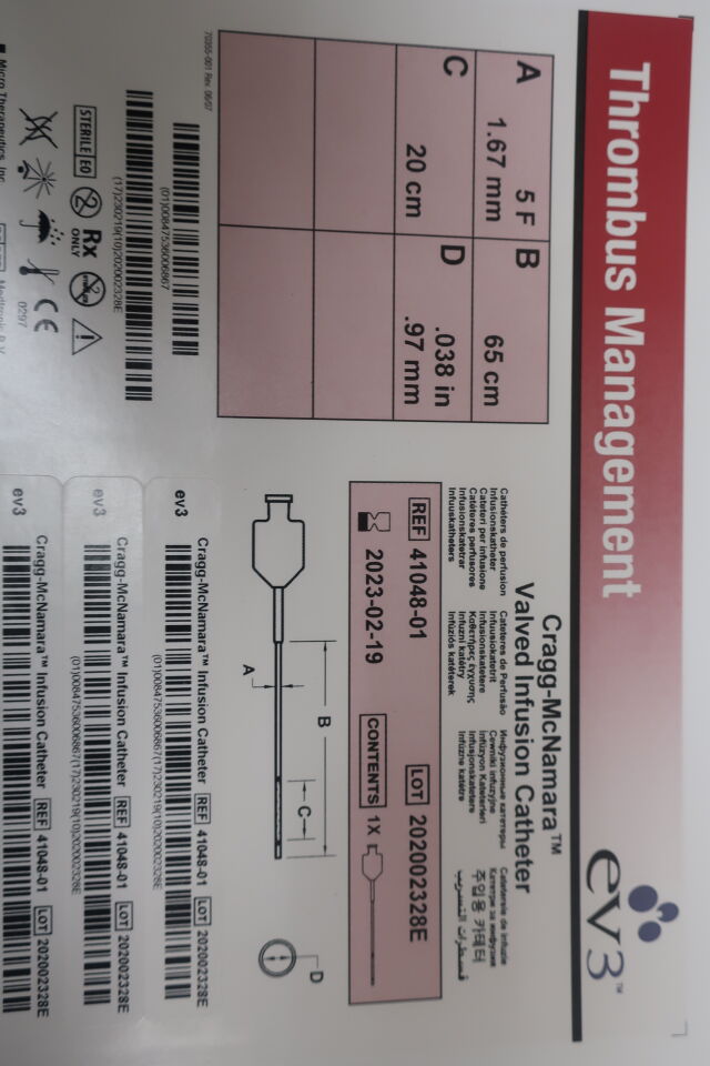 41048-01 - EV3 - Cragg-McNamara Valved Infusion Cath. 5F x 65cm x 20cm x 038In, () - ( Expiry Date:  )