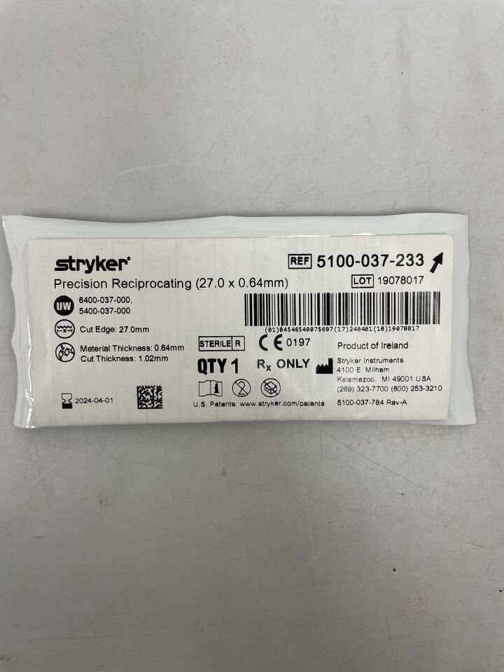 5100-037-233 - STRYKER - precision reciprocating saw blade 27mm x 0.64mm, () - ( Expiry Date: 2024-04-01 )