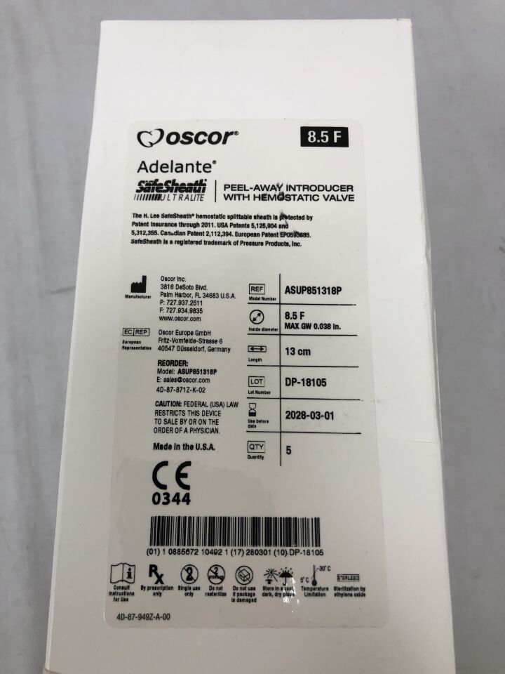 ASUP851318P - OSCOR - Adelante SafeSheath Ultralite 剝離式導入器，帶止血閥，8.5F，（BX/5）-（有效期至：2028-03-01）