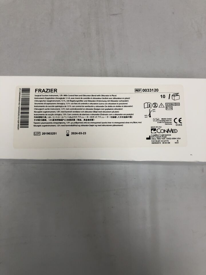 33120 - CONMED - Frazier Surgical Suction Instrument with Control Vent and Obturator, 12F, (BX/10) - ( Expiry Date: 2024-03-23 )