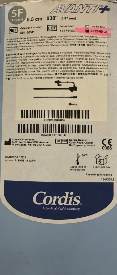 504-605P - CORDIS - Avanti+ Introducer, 5F X 5.5cm , (BX/5) - ( Expiry Date: 2022-05-31 )