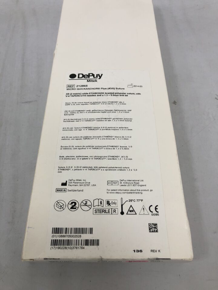 212865 - DEPUY - Micro Quickanchor Plus White Ethibond Braided Polyester Suture, Size 3-0,V-4 needle, (BX/1) - ( Expiry Date: 2019-02-28 )