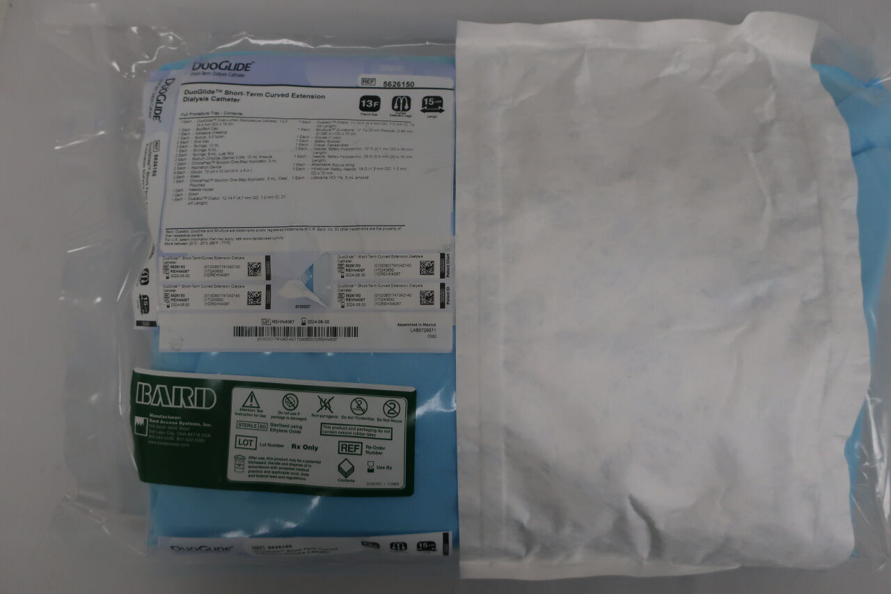5626150 - BARD - duoglide 13f short-term dual lumen dialysis catheter tray, full, curved 15cm, (EA) - ( Expiry Date: 2024-06-30 )