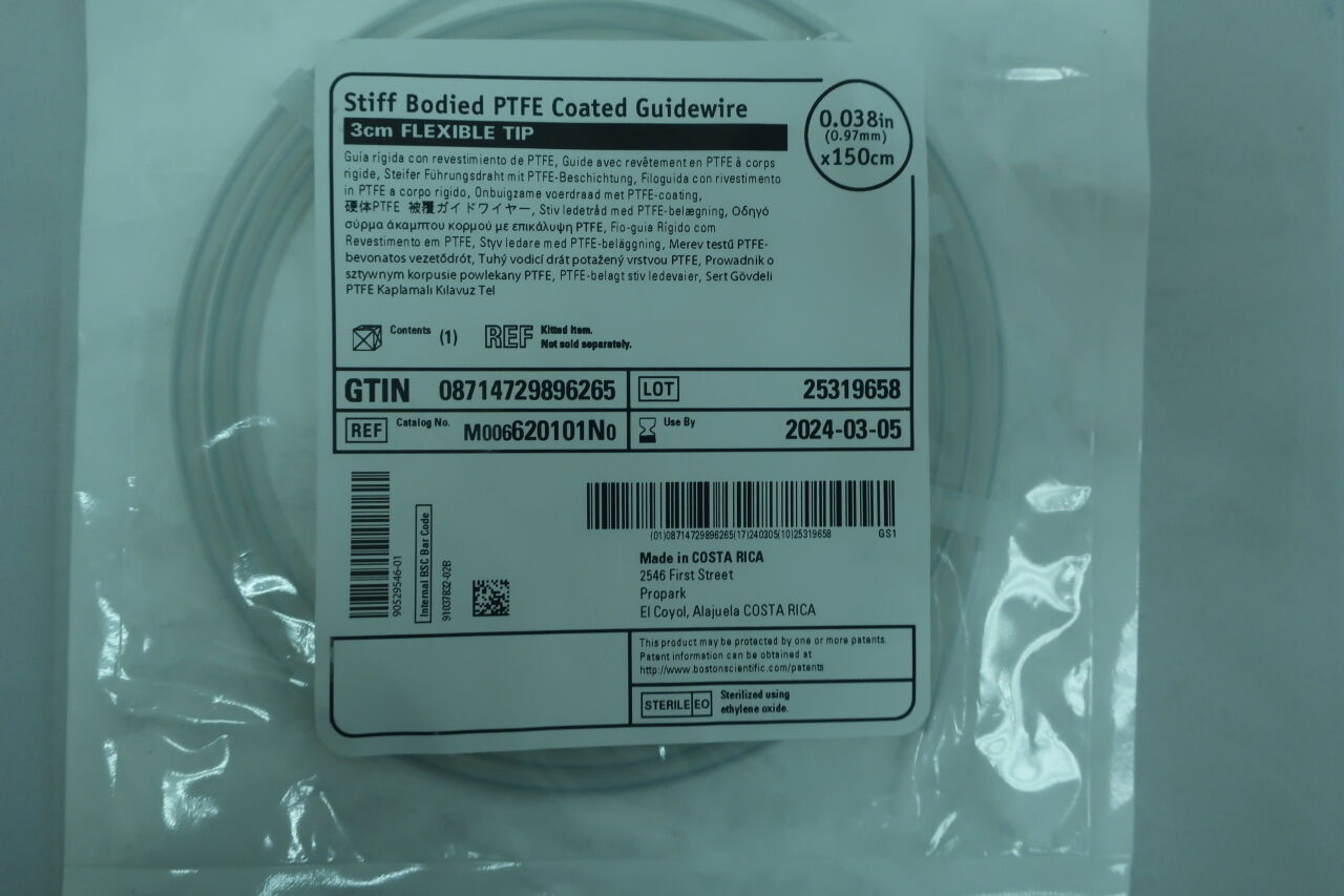 620101N - BOSTON SCIENTIFIC - Stiff Bodied PTFE Coated Guidewire, 3cm flexible tip, 0.038" x 150cm, () - ( Expiry Date: 2024-03-13 )