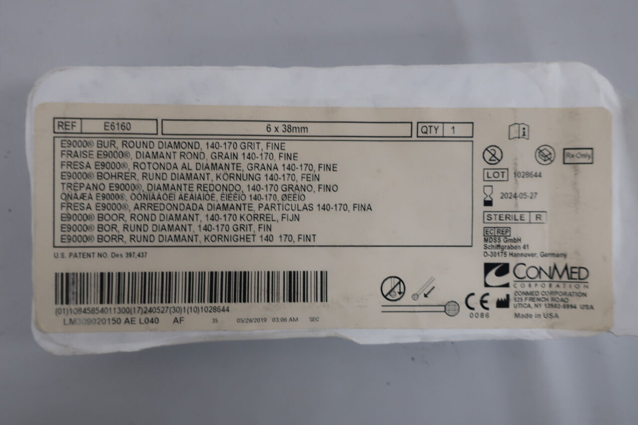 E6160 - CONMED - 6 x 38mm e9000 bur, round diamond, 140-170 grit, fine, (EA) - ( Expiry Date: 2024-07-08 )