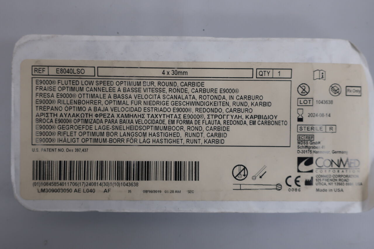 E8040LSO - CONMED - 4 x 30mm e9000 fluted low speed optimum bur, round, carbide, () - ( Expiry Date: 2024-08-14 )