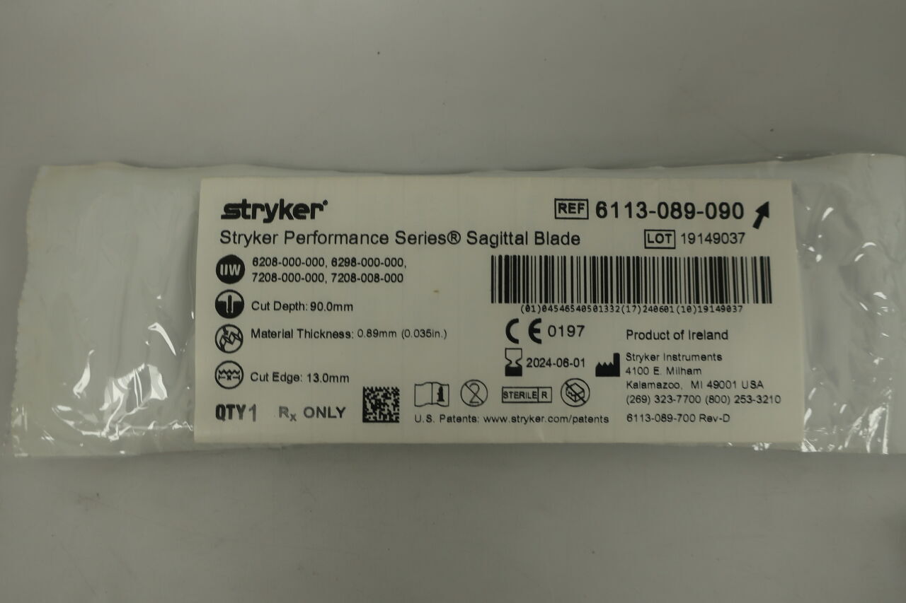 6113-089-090 - STRYKER - Stryker Sagittal Saw Blade, 90 L x 13 mm W, 0.89 mm Cut Thickness, (EA) - ( Expiry Date: 2024-06-01 )