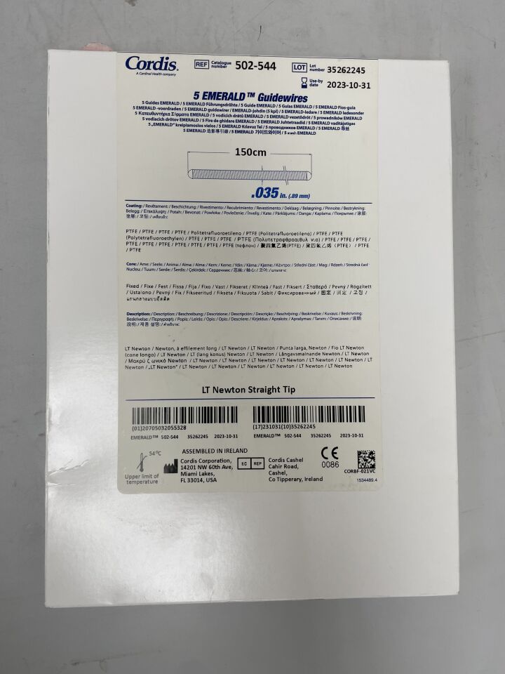 502544 - CORDIS - ptfe emerald guidewire: 0.035" x 150cm, straight, 10cm flex end, (BX/5) - ( Expiry Date: 2023-10-31 )