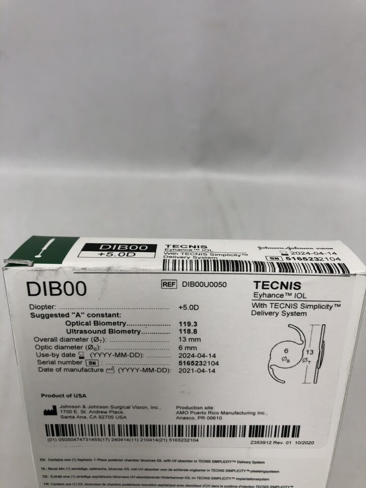 DIB00U0050 - JOHNSON & JOHNSON - TECNIS Eyhance IOL with TECNIS Simplicity Delivery System, +5.0D, ()