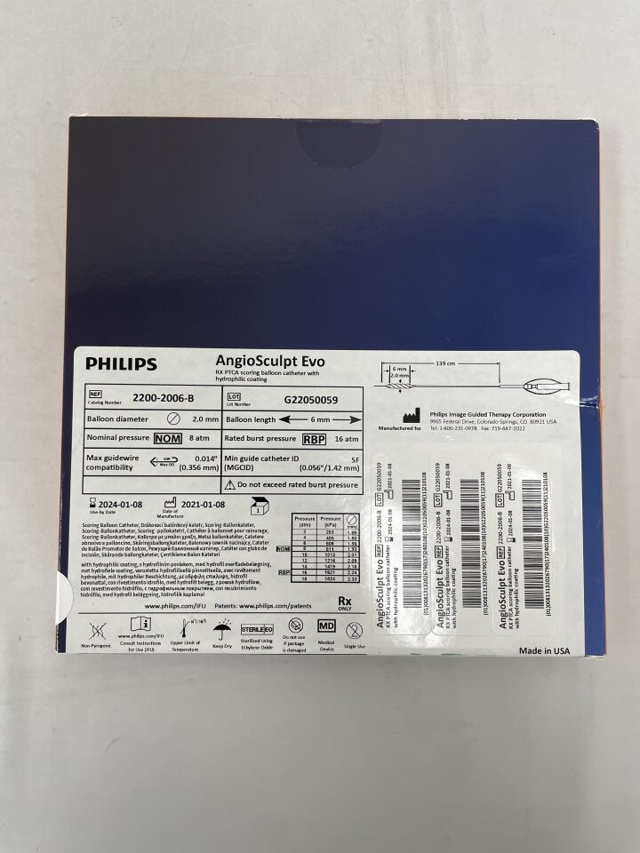 2200-2006-B - PHILIPS - Philips AngioSculpt Evo RX PTCA Scoring Balloon Catheter, Hydrophilic 2.0mm x 6mm, 139cm, () - ( Expiry Date: 2024-01-08 )