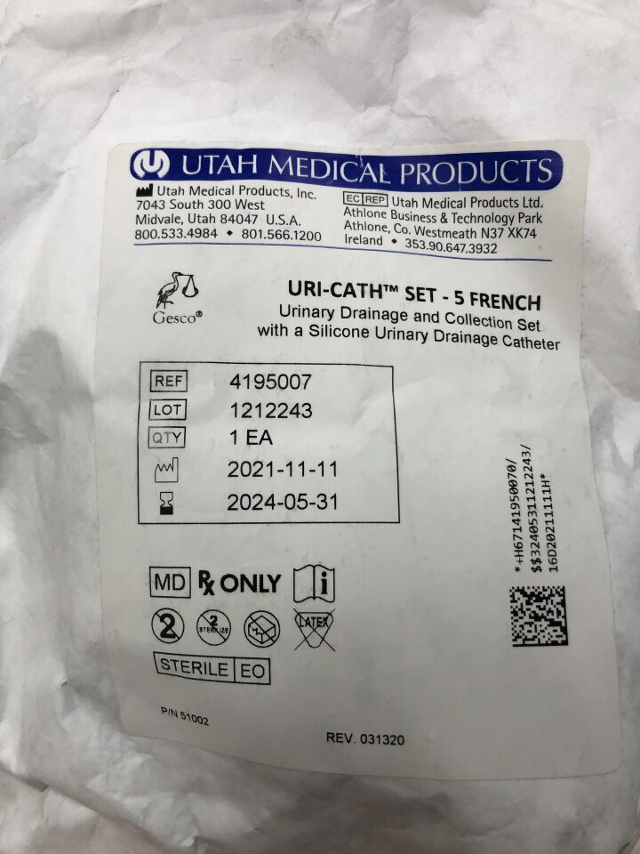 4195007 - UTAH MEDICAL - Uri-Cath Set 5 French Urinary Drainage & Collection Set with Silicone Urinary Drainage Catheter, (EA) - ( Expiry Date: 2024-05-31 )