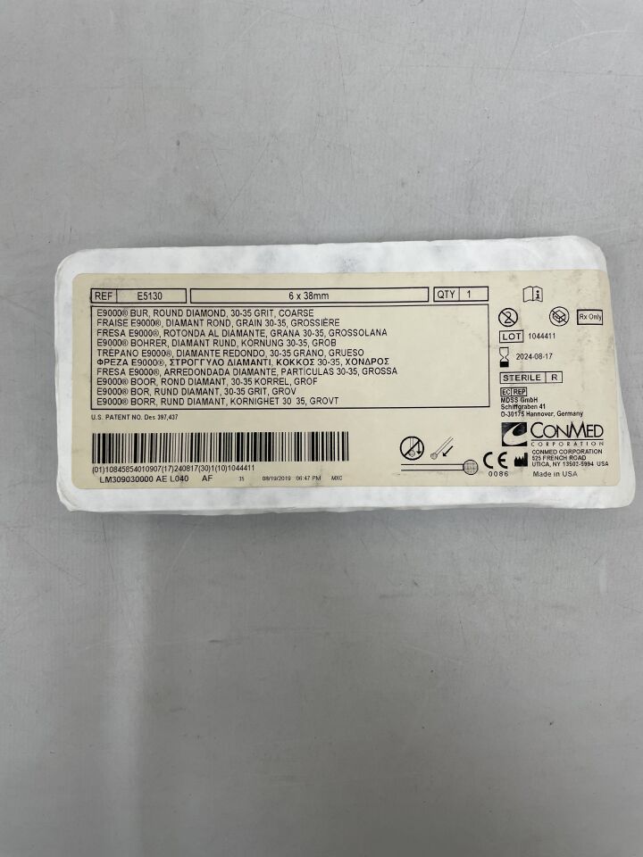 E5130 - CONMED - 6 x 38mm e9000 bur, round diamond, 30-35 grit, coarse, () - ( Expiry Date: 2024-08-17 )