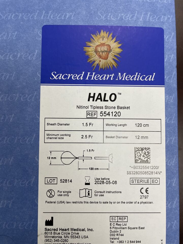 554120 - 聖心醫療 - HALO 鎳鈦合金無尖取石籃，12mm x 1.5Fr x 2.5Fr x 120cm，（盒/1）-（有效期至：2025-05-08）