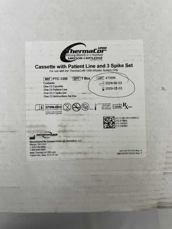 PTC-1200 - SMISSONCARTLEDGE - Casete ThermaCor con línea de paciente y juego de 3 puntas
 , ( ) - ( Fecha de vencimiento : 2029-02-03 )