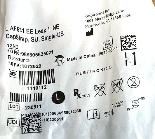 1119112 - RESPIRONICS - AF531 MASK with Entrainment Elbow, Leak 1, Nebulizing Elbow, CapStrap, Single Use, USA, Large, (EA/22)