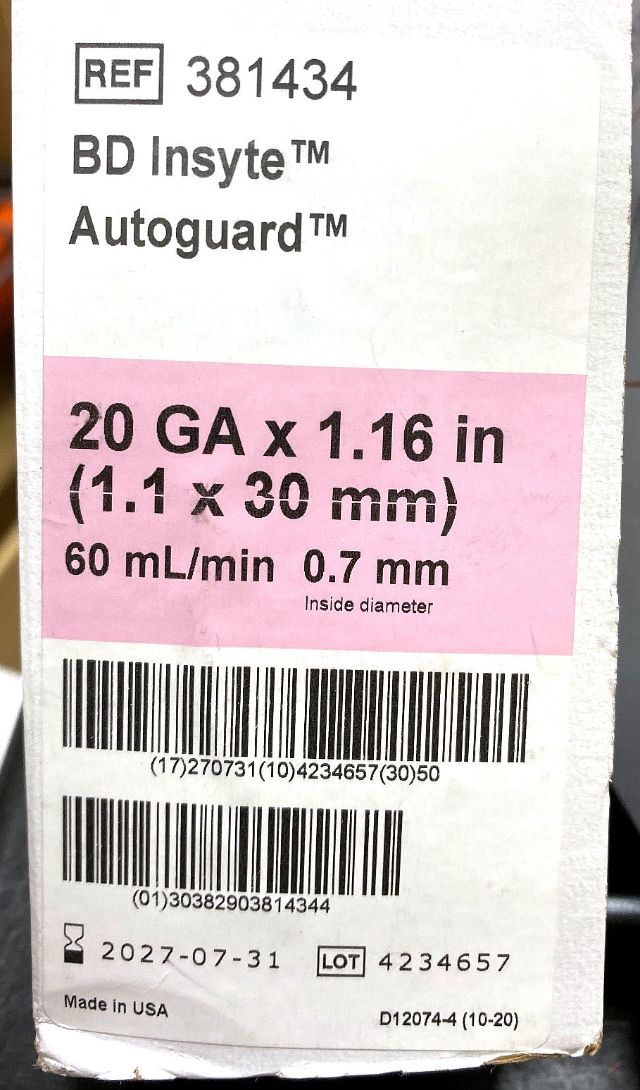 381434 - BD - INSYTE AUTOGUARD PNK 20GA X 1.16IN, (BX/50)