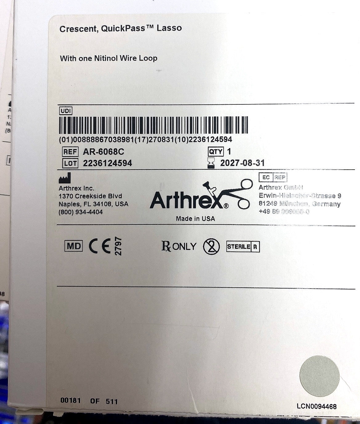 AR-6068C - ARTHREX - CRESCENT, QUICKPASS LASSO, (BX/1)