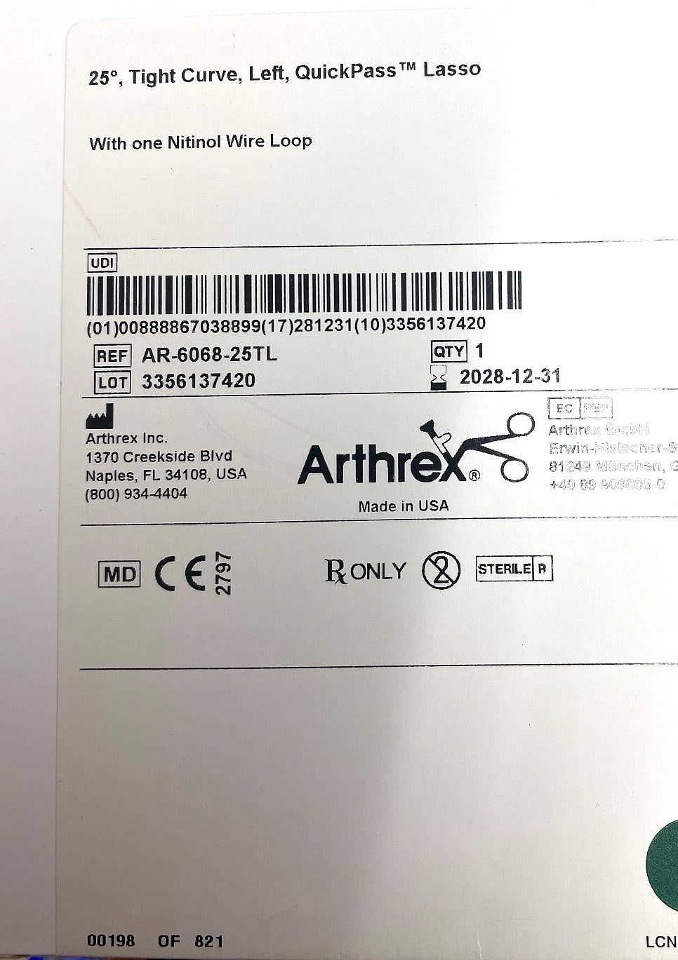 AR-6068-25TL - ARTHREX - 25 DEG TIGHT CURVE LEFT, QUICKPASS LASSO, (BX/1)