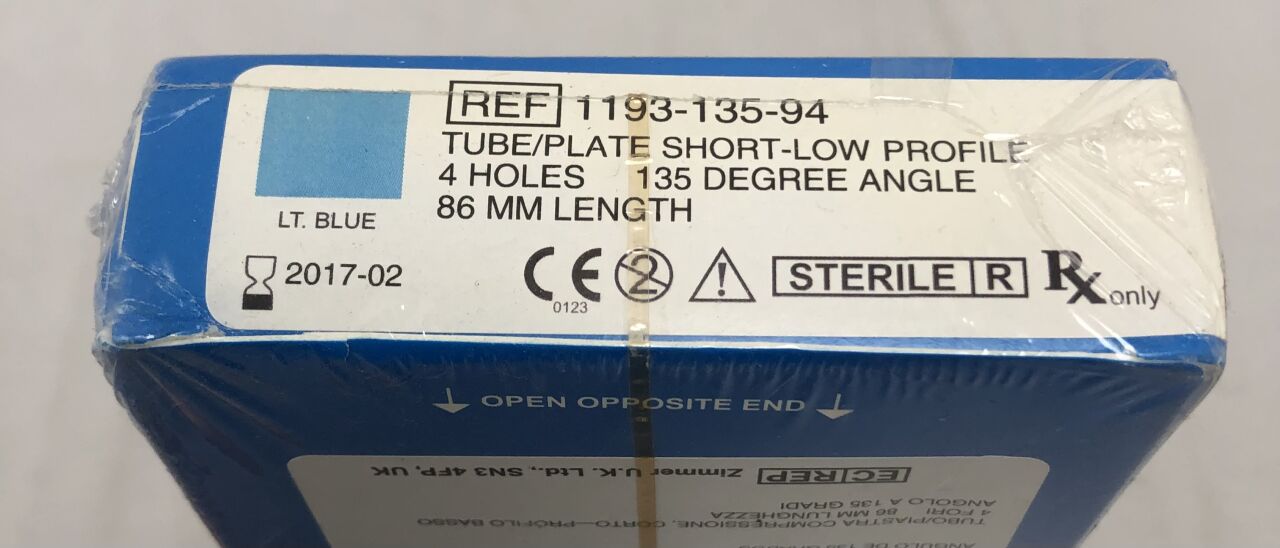 1193-135-94 - ZIMMER - Tube, Plate Short-Low Profile, 4 holes, 135 degree angle, 85mm length, (BX/1) - ( Expiry Date: 2017-02-01 )