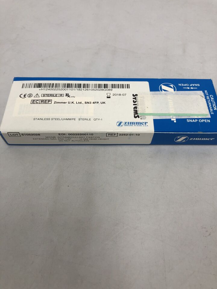 2252-01-10' - ZIMMER - Intramedullary Fixation, Extended Nail End Cap, 10mm head height, (BX/1) - ( Expiry Date: 2018-07-01 )
