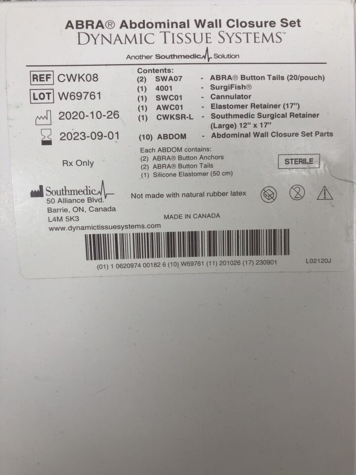 CWK08 - SOUTHMEDIC - ABRA Abdominal Wall Closure Set Dynamic Tissue Systems, 12in X 17in, (BX/1) - ( Expiry Date: 2023-09-01 )