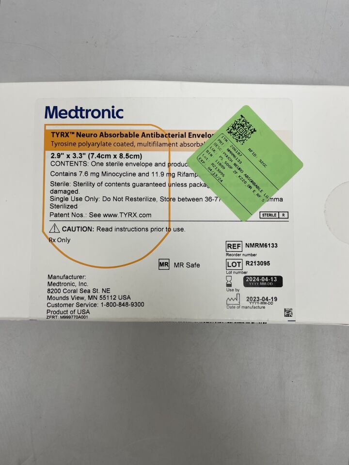 NMRM6133 - MEDTRONIC - TYRX Neuro Absorbable Antibacterial Envelope, Large 2.9" x 3.3", () - ( Expiry Date: 2024-04-13 )