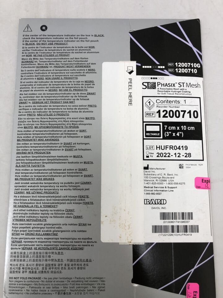 1200710 - BARD - ST Phasix ST Mesh with Resorbable Hydrogel Coating, Rectangle, 3in X 4in, (EA) - ( Expiry Date: 2022-12-28 )