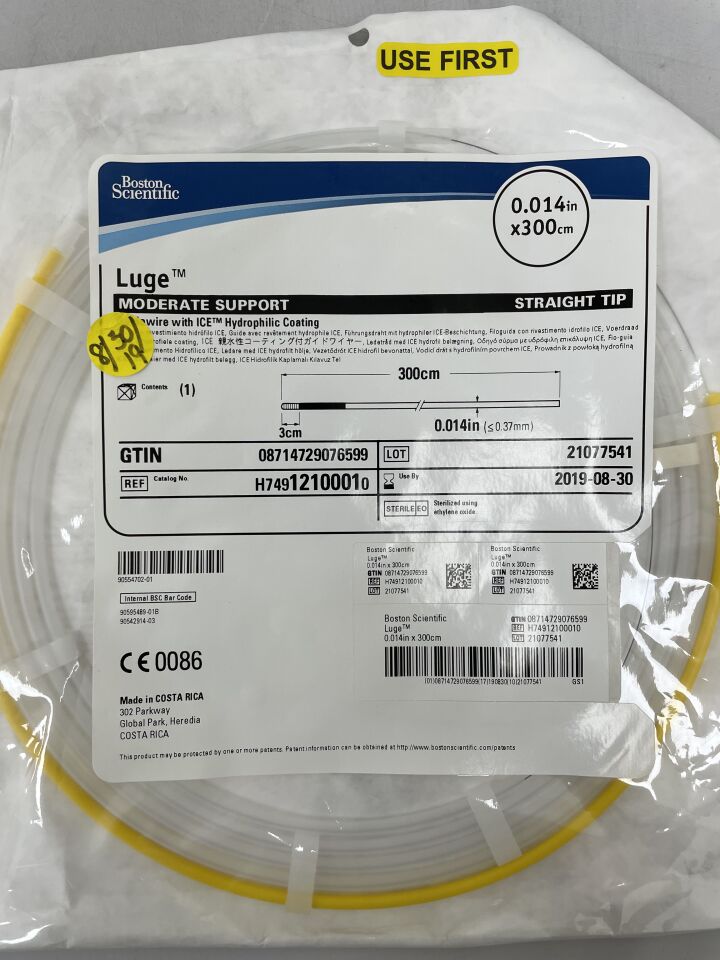 1210001 - BOSTON SCIENTIFIC - Luge Moderate Support Straight Tip Guidewire w/ ICE Hydrophilic Coating 0.014in x 300cm, () - ( Expiry Date: 2019-08-30 )