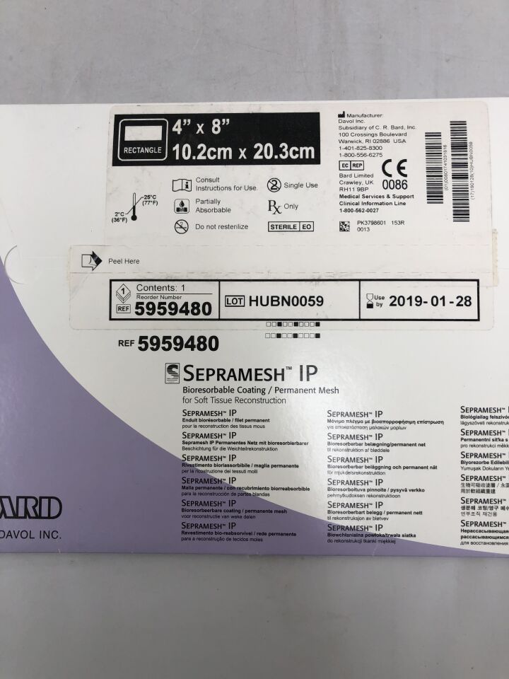 5959480 - BARD - Sepramesh IP with Bioresorbable Coating Permanent Mesh, Rectangle, 4in X 8in, (BX/1) - ( Expiry Date: 2019-01-28 )