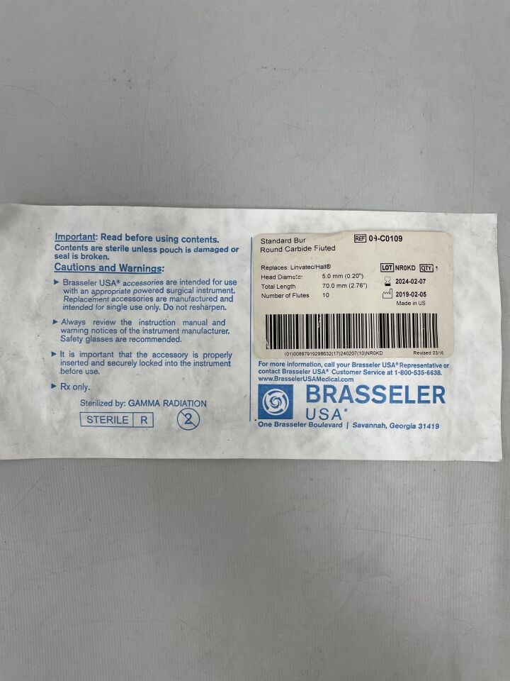 09-C0109 - BRASSELER - 5.0MM ROUND BUR, (EA) - ( Expiry Date: 2024-02-07 )
