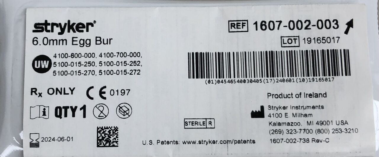 1607-002-003 - STRYKER - Egg Bur, 6.0mm, (EA) - ( Expiry Date: 2024-06-01 )