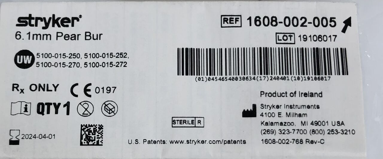 1608-002-005 - STRYKER - Pear Burr, 6.1mm diameter x 10 mm Head Length, (EA) - ( Expiry Date: 2024-04-01 )