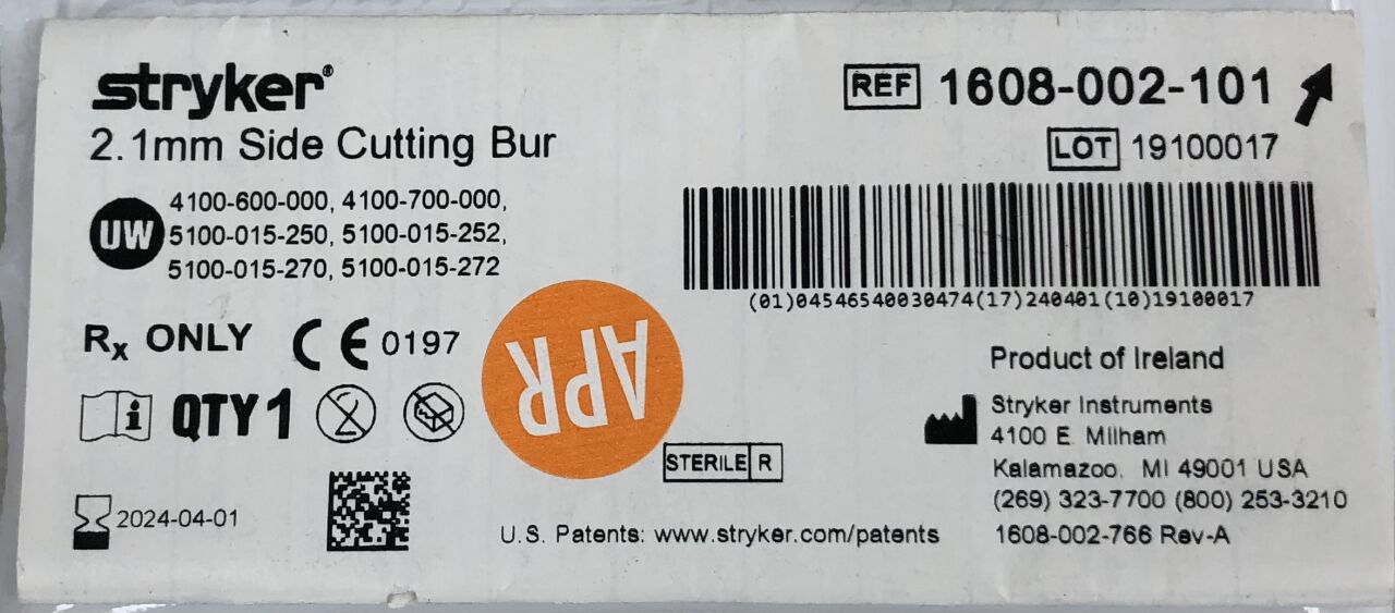 1608-002-101 - STRYKER - Side Cutting Bur, 2.1mm, () - ( Expiry Date: 2024-04-01 )