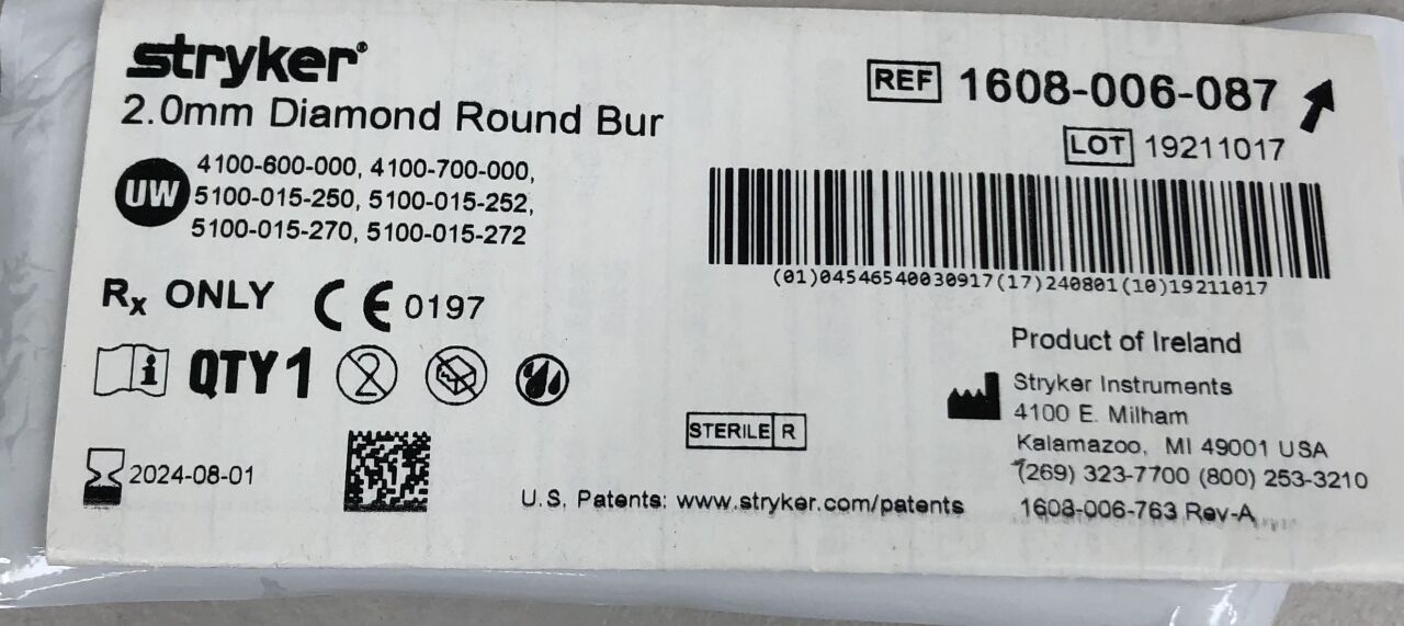 1608-006-087 - STRYKER - Diamond Round Micro Burr, 2 mm Head Diameter, 54 mm Length, (EA) - ( Expiry Date: 2024-08-01 )