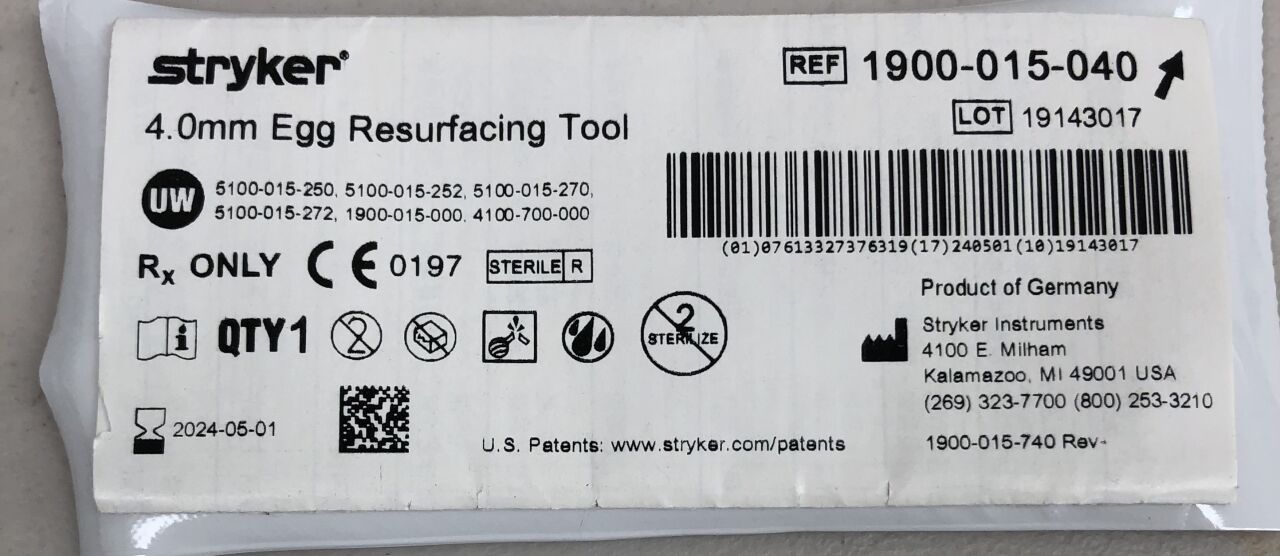 1900-015-040 - STRYKER - Egg Resurfacing Tool, 4mm , (EA) - ( Expiry Date: 2024-05-01 )