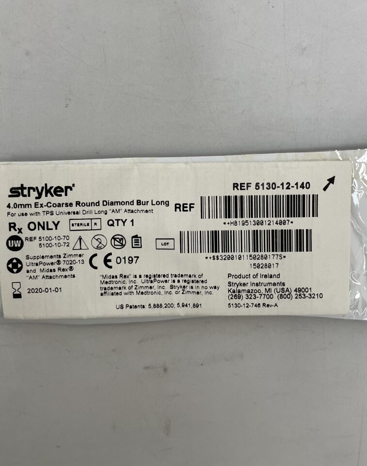 5130-12-140 - STRYKER - 4.0mm Ex-Coarse Round Diamond Bur Long, (EA) - ( Expiry Date: 2020-01-01 )