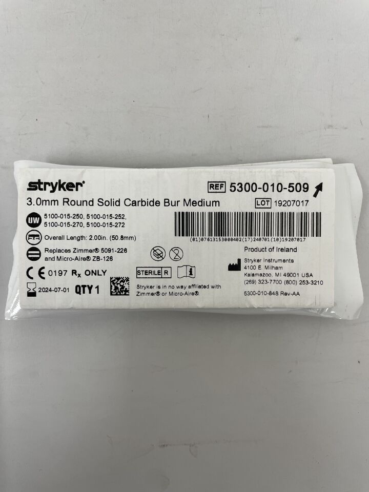 5300-010-509 - STRYKER - 3.0mm Round Solid Carbide Bur Medium, (EA) - ( Expiry Date: 2024-07-01 )