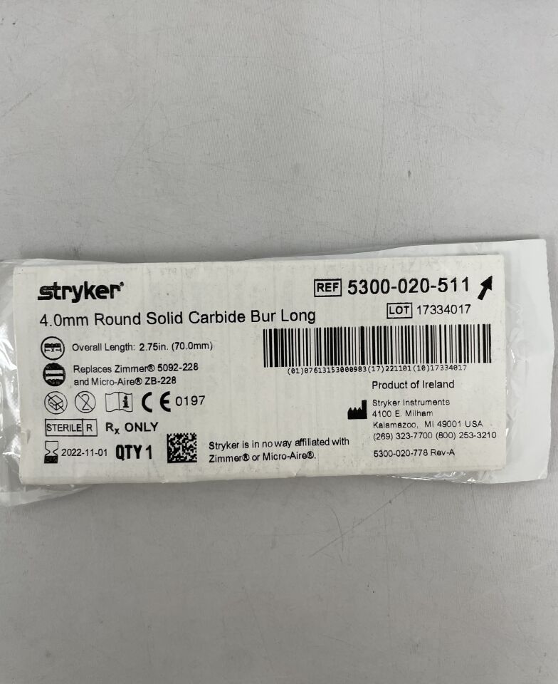 5300-020-511 - STRYKER - 4.0mm Round Solid Carbide Bur, Long, (EA) - ( Expiry Date: 2022-11-01 )