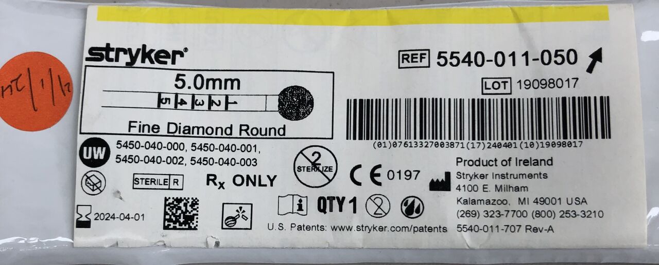 5540-011-050 - STRYKER - Round Fine Diamond Bur, 5.0mm, (EA) - ( Expiry Date: 2024-04-01 )