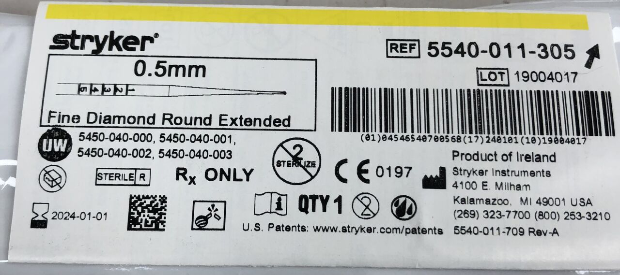 5540-011-305 - STRYKER - Round Fine Diamond Extended Bur, 0.5mm, () - ( Expiry Date: 2024-01-01 )