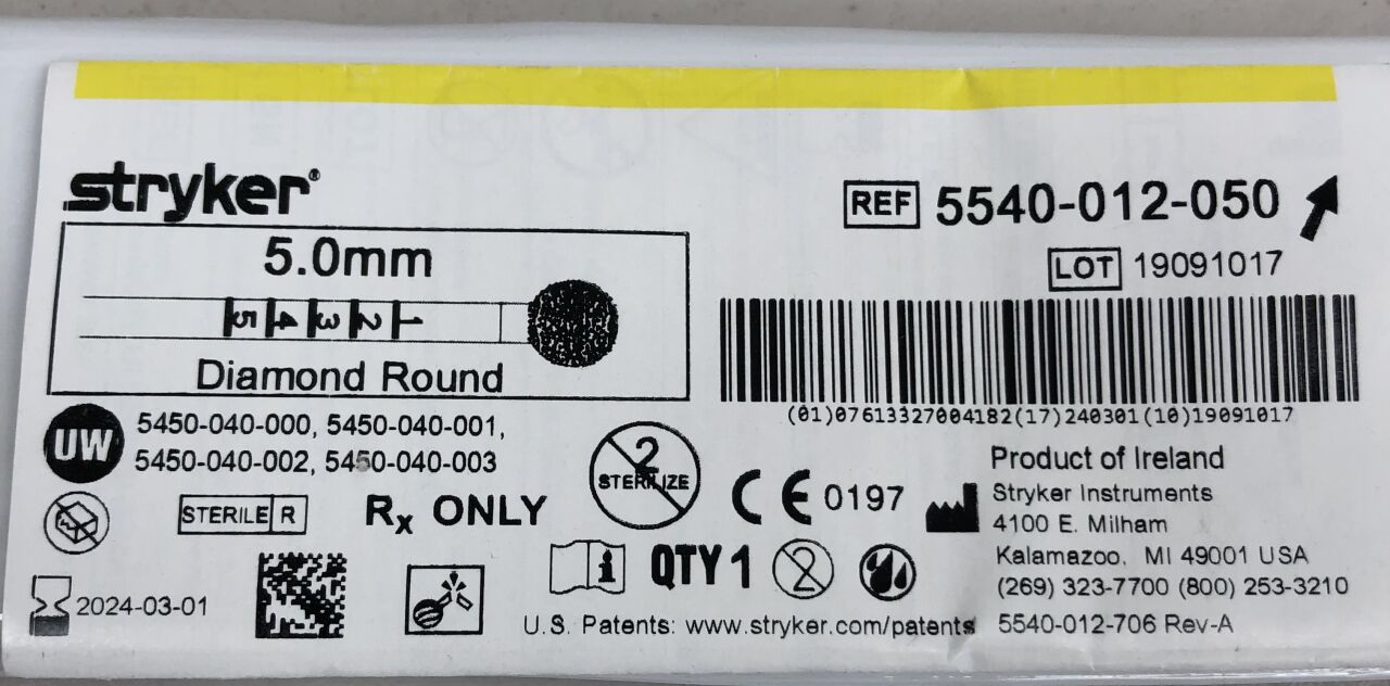 5540-012-050 - STRYKER - Round Diamond Bur, 5.0mm, (EA) - ( Expiry Date: 2024-03-01 )