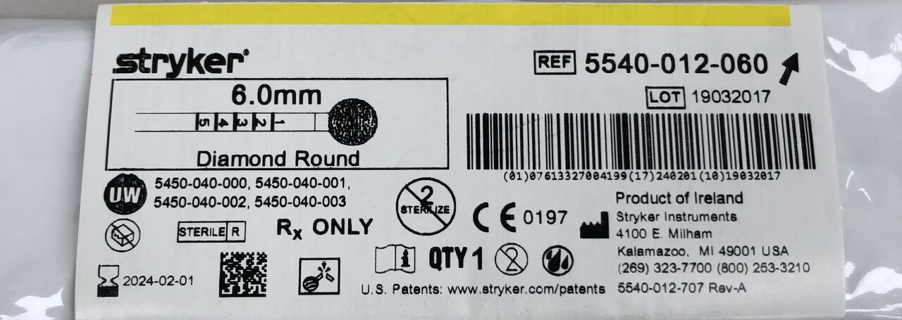 5540-012-060 - STRYKER - Round Diamond Bur, 6.0mm, (EA) - ( Expiry Date: 2024-02-01 )