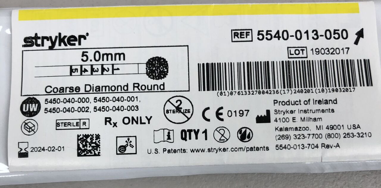 5540-013-050 - STRYKER - Round Coarse Diamond Bur, 5.0mm, () - ( Expiry Date: 2024-02-01 )