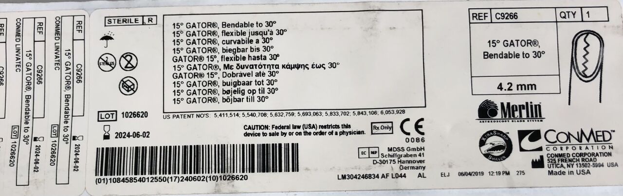 C9266 - CONMED - Merlin 4.2mm Gator Blade, 15° Pre-Bent, Bendable, (EA) - ( Expiry Date: 2024-06-02 )