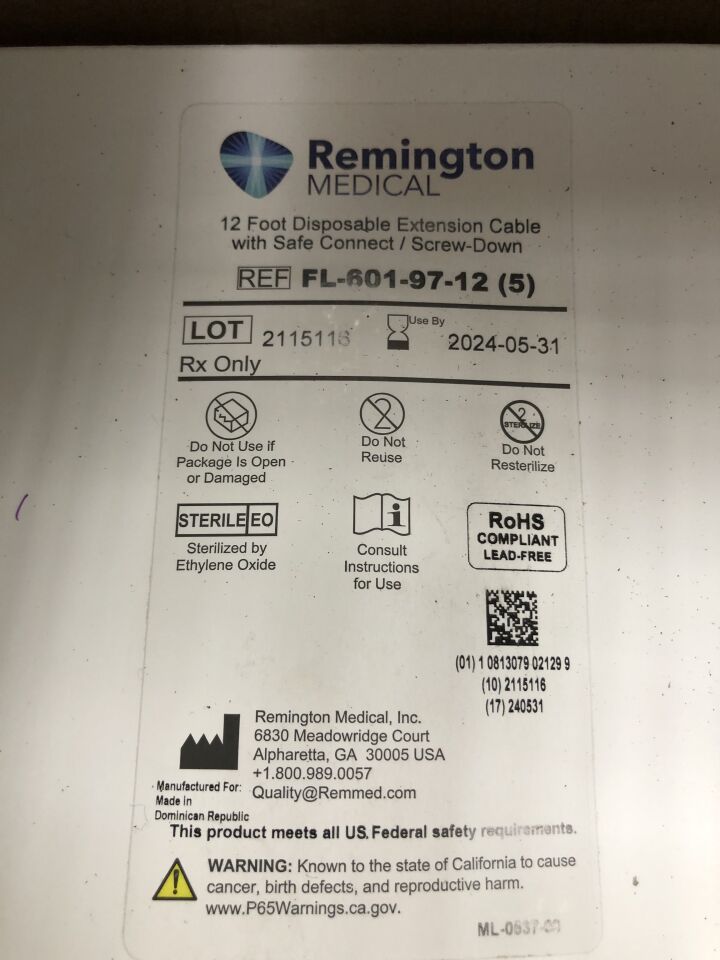 FL-601-97-12 - REMINGTON - Extension Cable with Safe Connect, Screw Down, 12ft, (EA) - ( Expiry Date: 2024-05-31 )