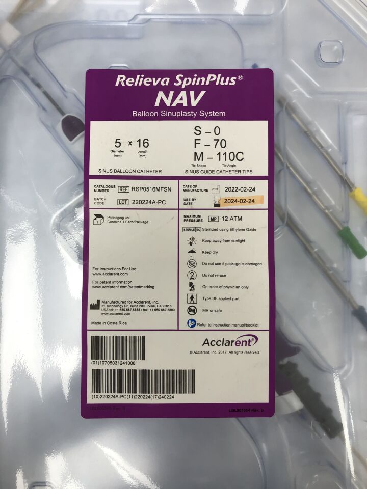 RSP0516MFSN - ACCLARENT - RELIEVA SPINPLUS NAV BALLOON SINUPLASTY SYSTEM, 5mm x 16mm, 3 GUIDE KIT, (EA) - ( Expiry Date: 2024-02-24 )